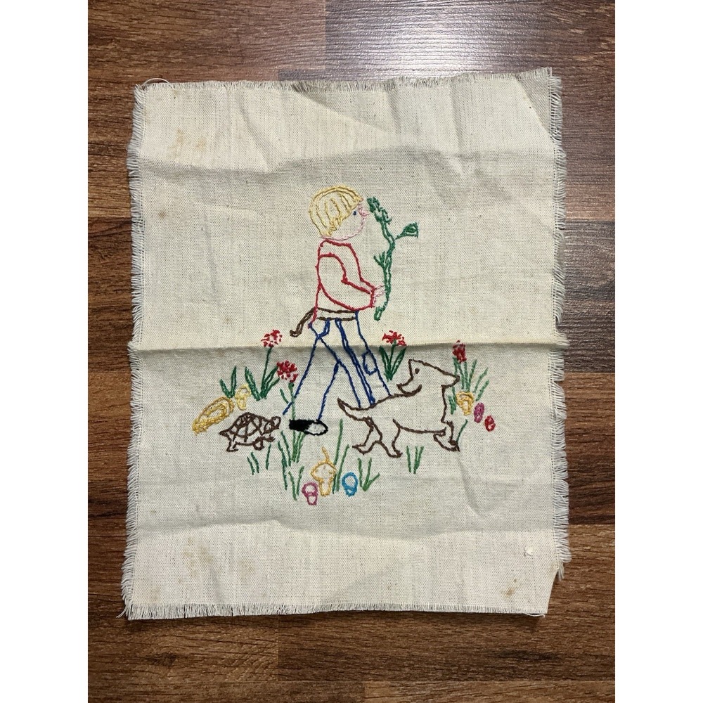 Hand Embroidered DENIM DAN W/DOG Finished Needlepoint Piece 13in X 10in